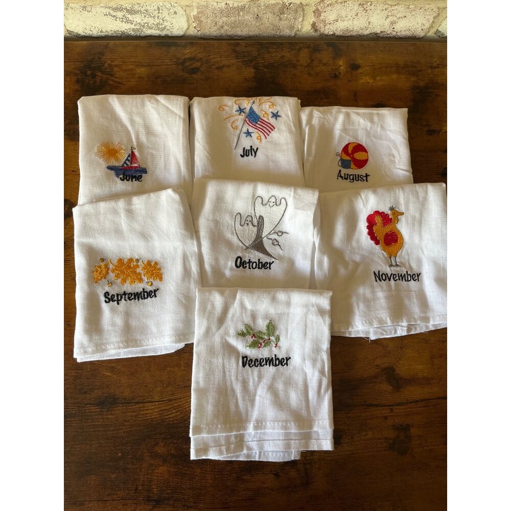 Embroidered Seasonal Linen Hand Towels Set Of 7 Featuring June-December Designs